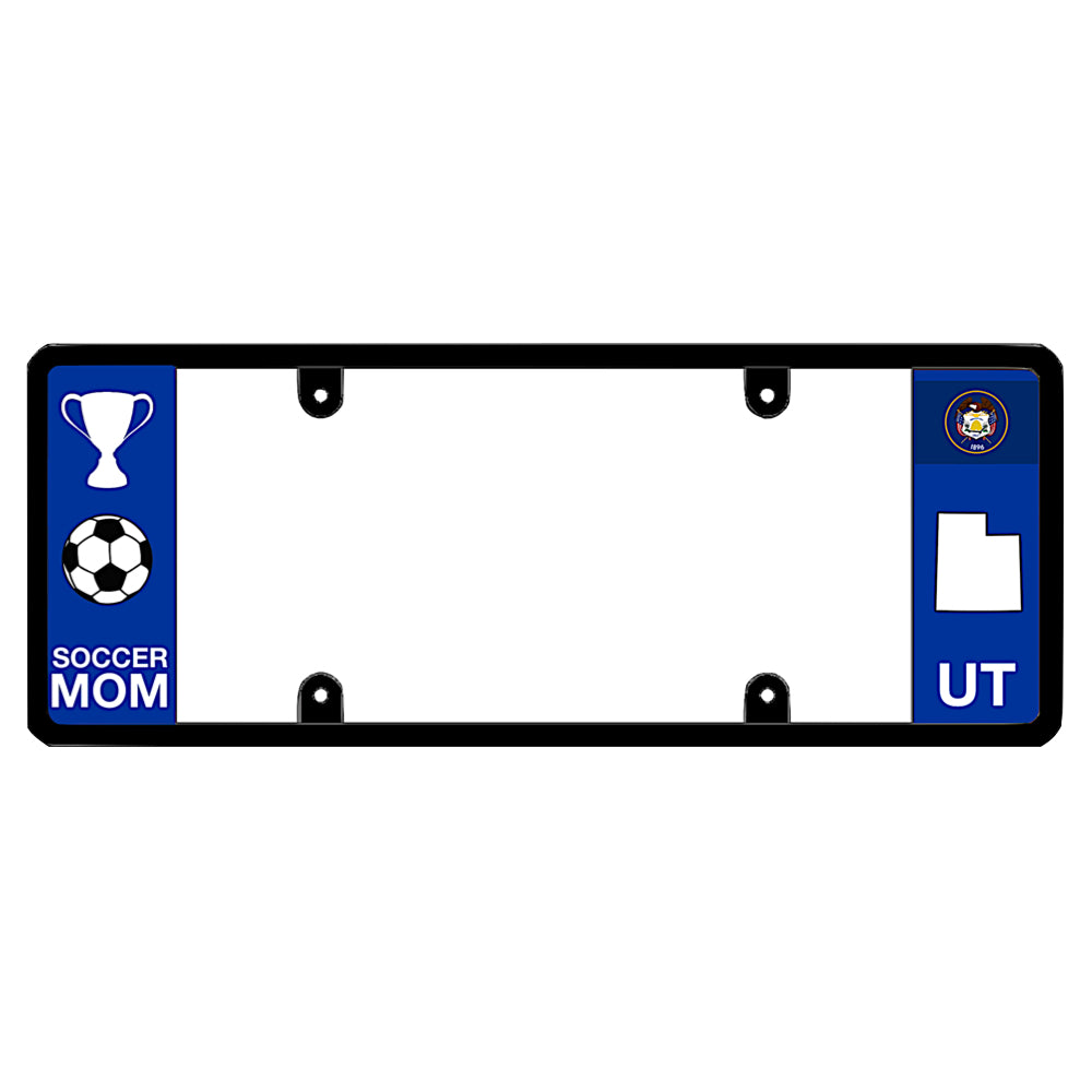 A black elongated Utah license plate frame featuring a soccer mom theme and a blue UT side panel by DFS Brands.