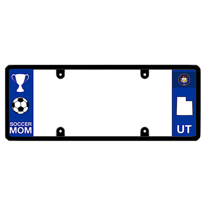 A black elongated Utah license plate frame featuring a soccer mom theme and a blue UT side panel by DFS Brands.