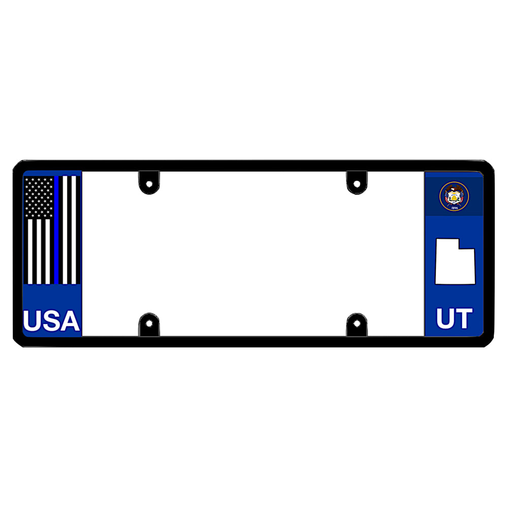 A black elongated Utah license plate frame with a thin blue line flag and printed UT text by DFS Brands.
