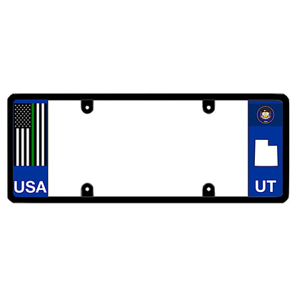 A black elongated Utah license plate holder with a tactical thin green line flag and printed UT graphics by DFS Brands.