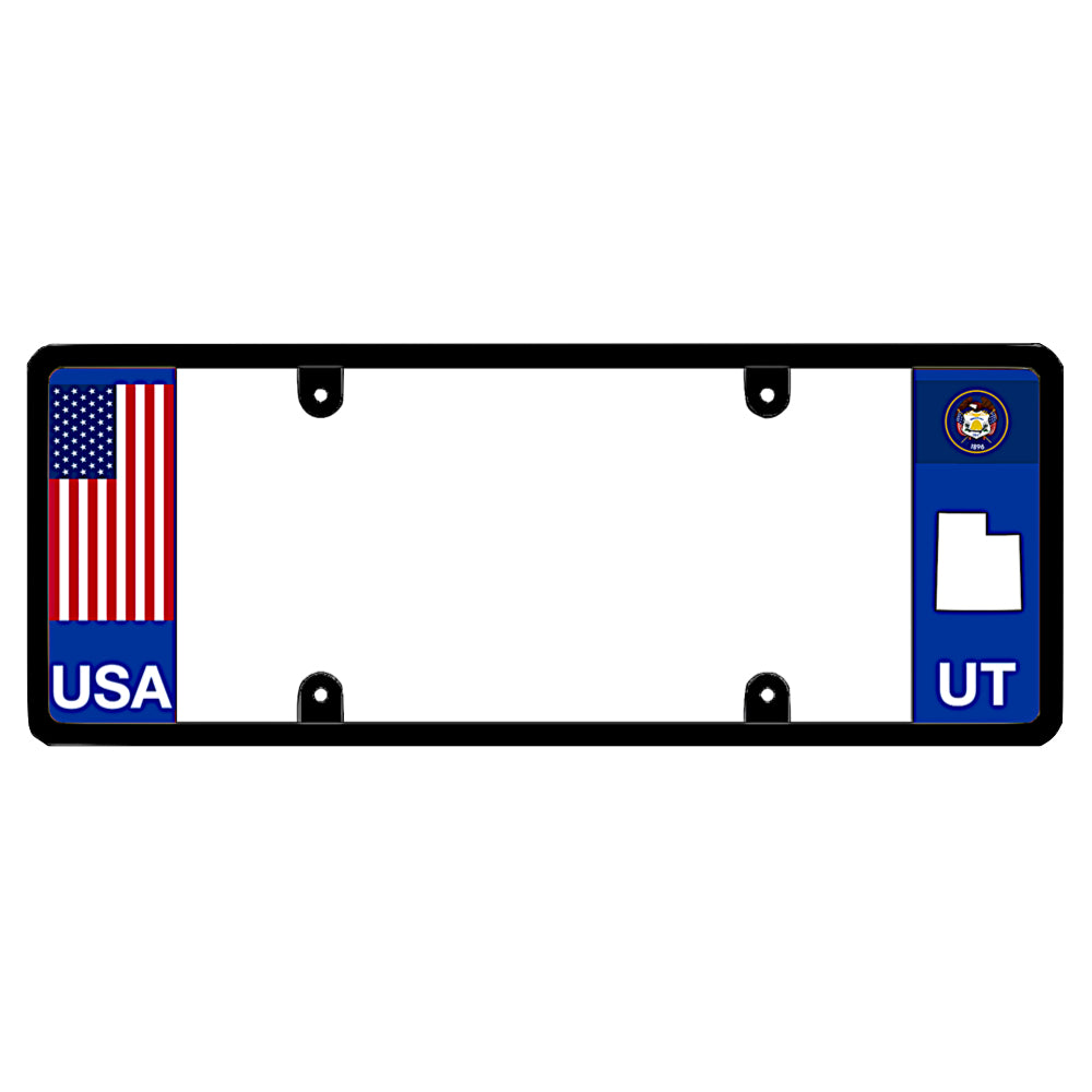 A black elongated Utah license plate frame with a USA flag design and a white UT state map outline by DFS Brands.