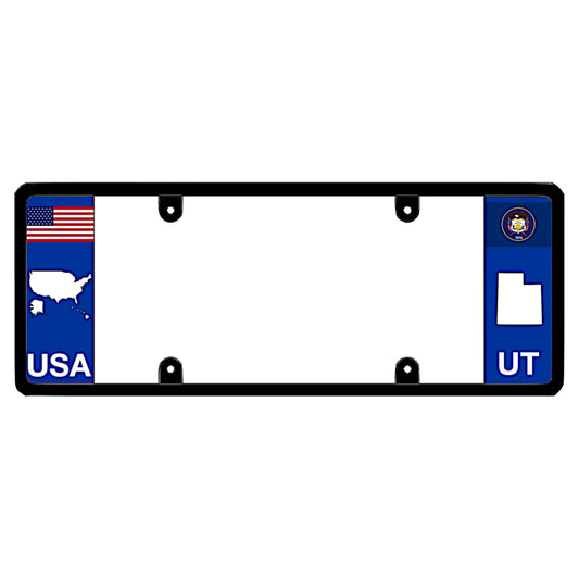 Utah license plate frame with USA and UT state flag designs on a white background