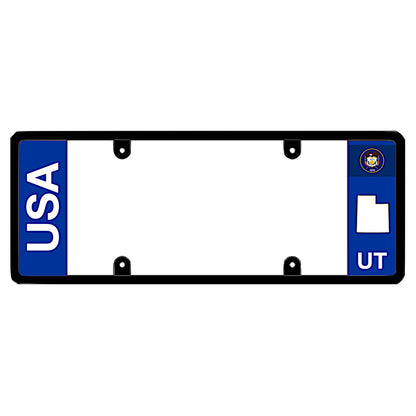 A black elongated Utah license plate frame featuring clean bold vertical USA and UT text panels by DFS Brands.