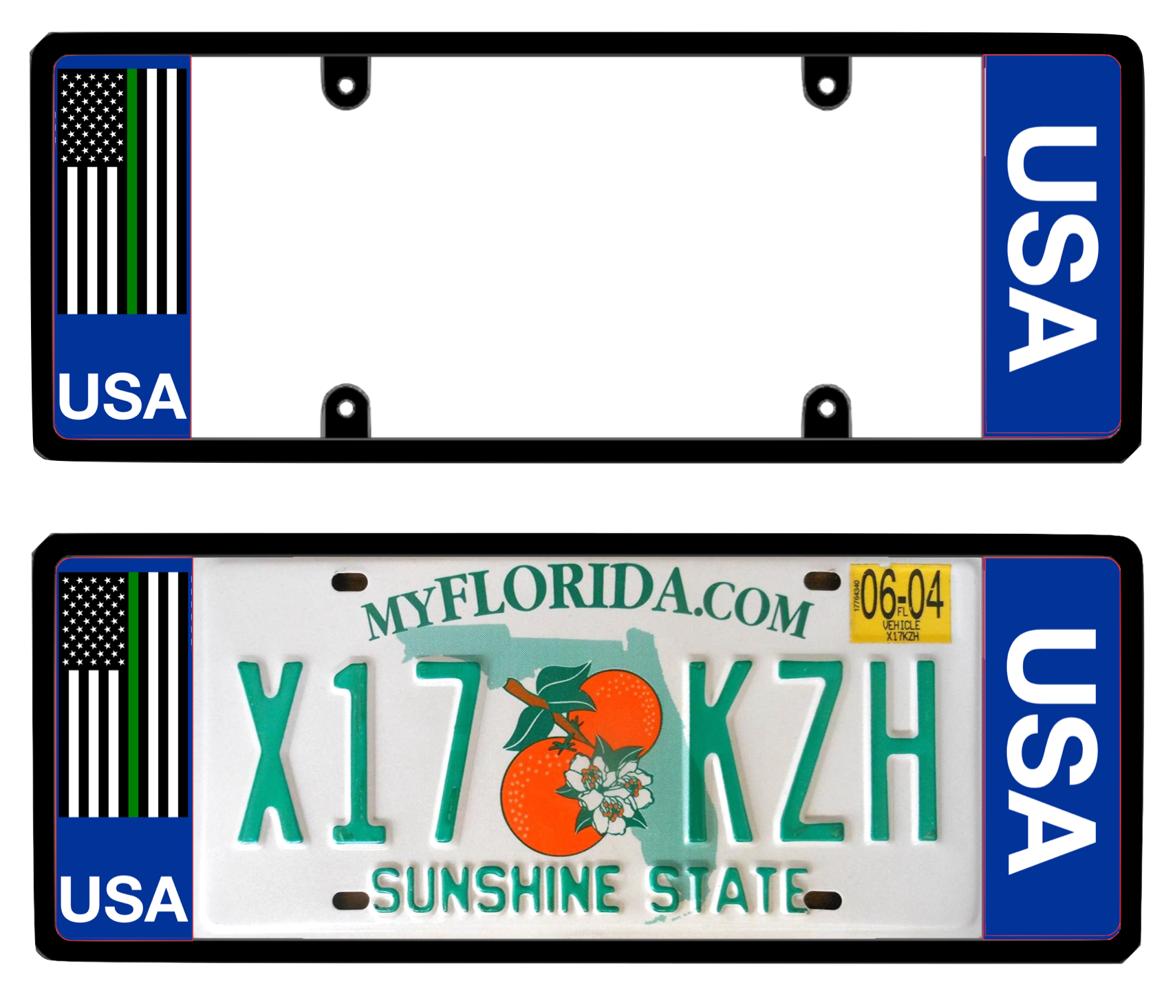 Military thin green line license plate frame showing true size.  Patented by DFS.
