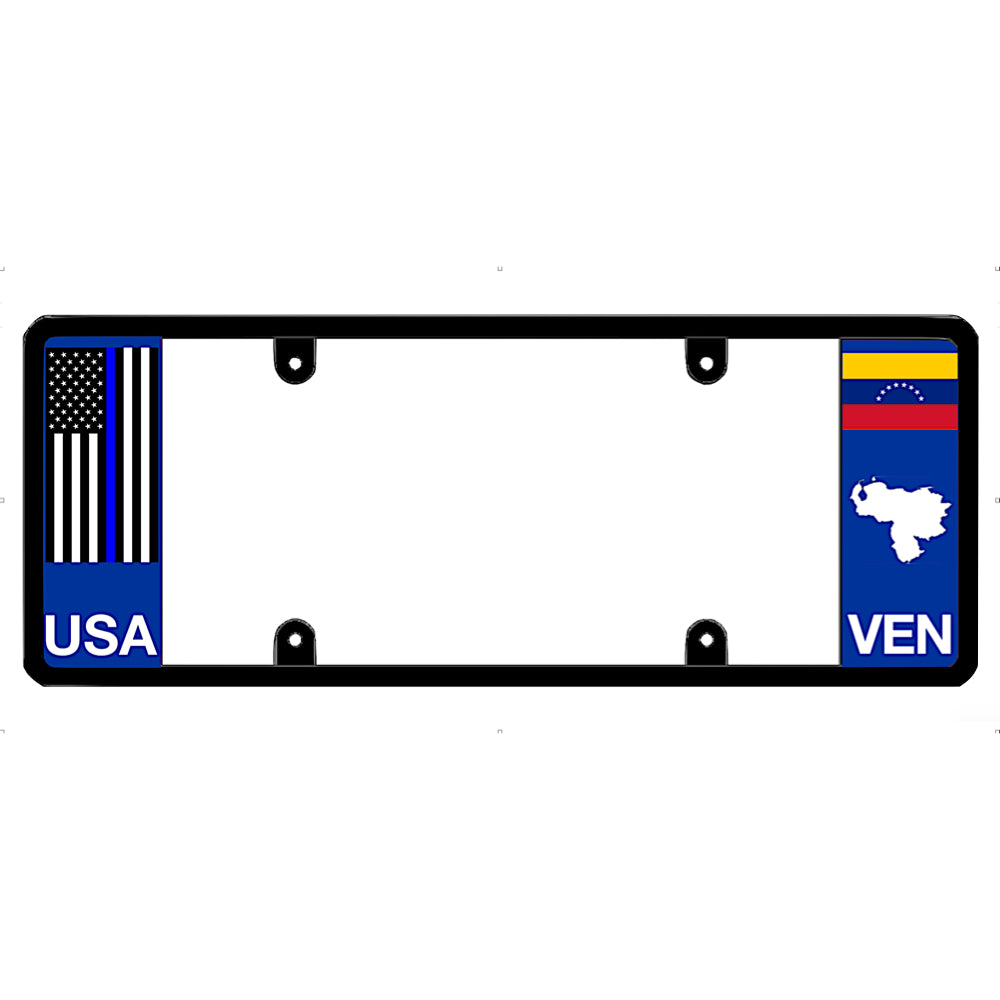Thin blue line license plate frame with USA and Venezuela flag designs on a white background