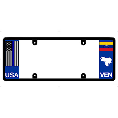 Thin blue line license plate frame with USA and Venezuela flag designs on a white background