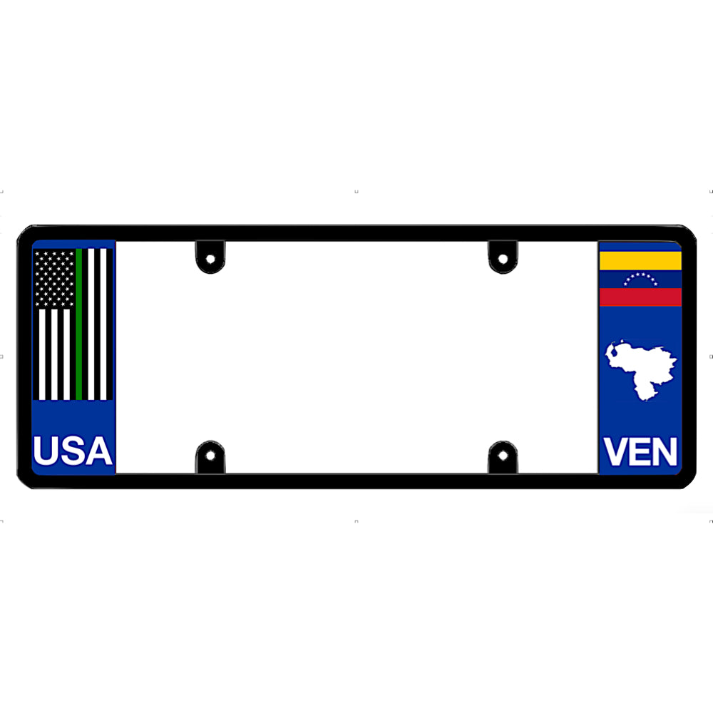 Thin green line car license plate frame with USA and Venezuela flag designs