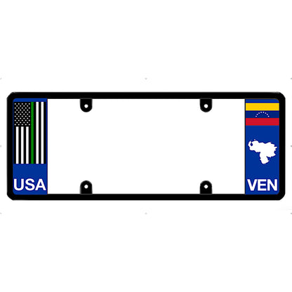 Thin green line car license plate frame with USA and Venezuela flag designs
