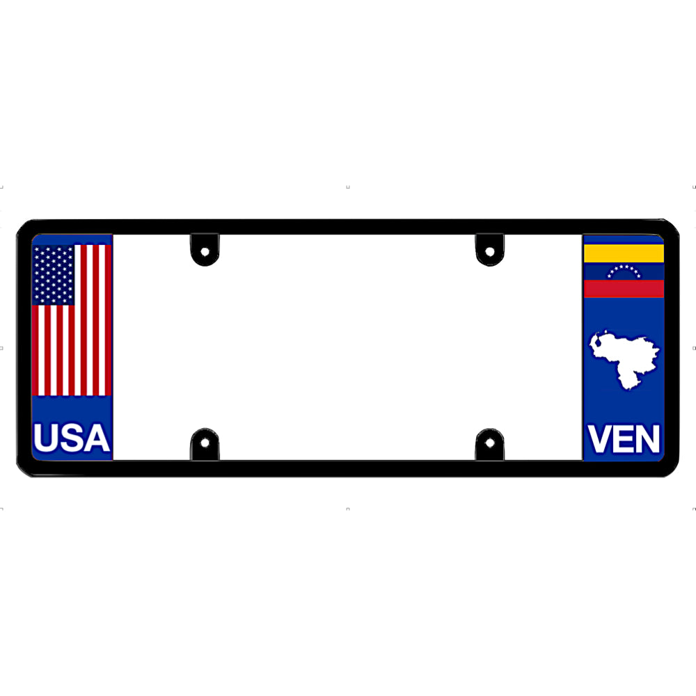 License plate frame with USA and Venezuela flags on a white background