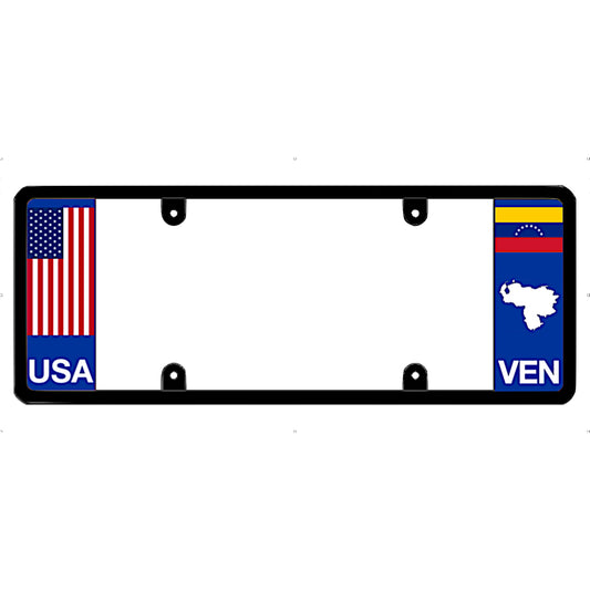 License plate frame with USA and Venezuela flags on a white background
