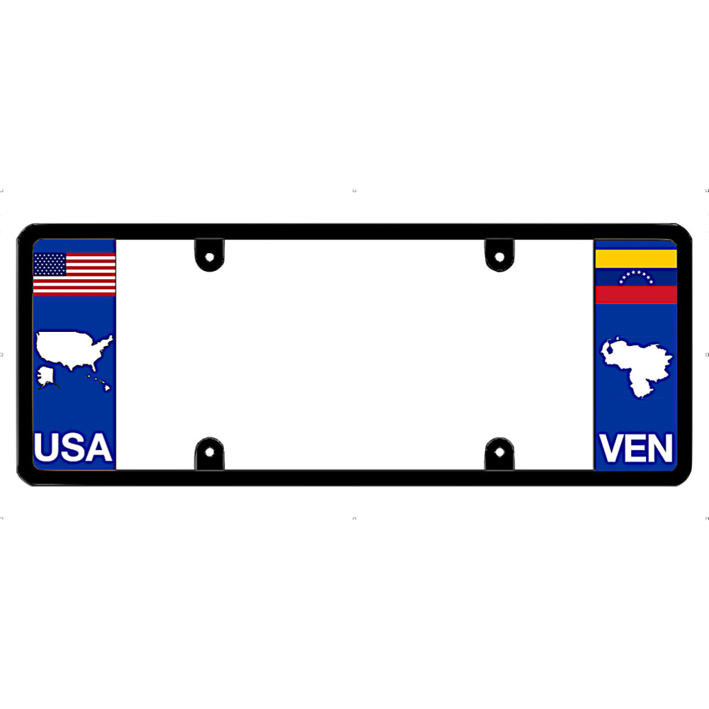 License plate frame with USA and Venezuela flags on a white background
