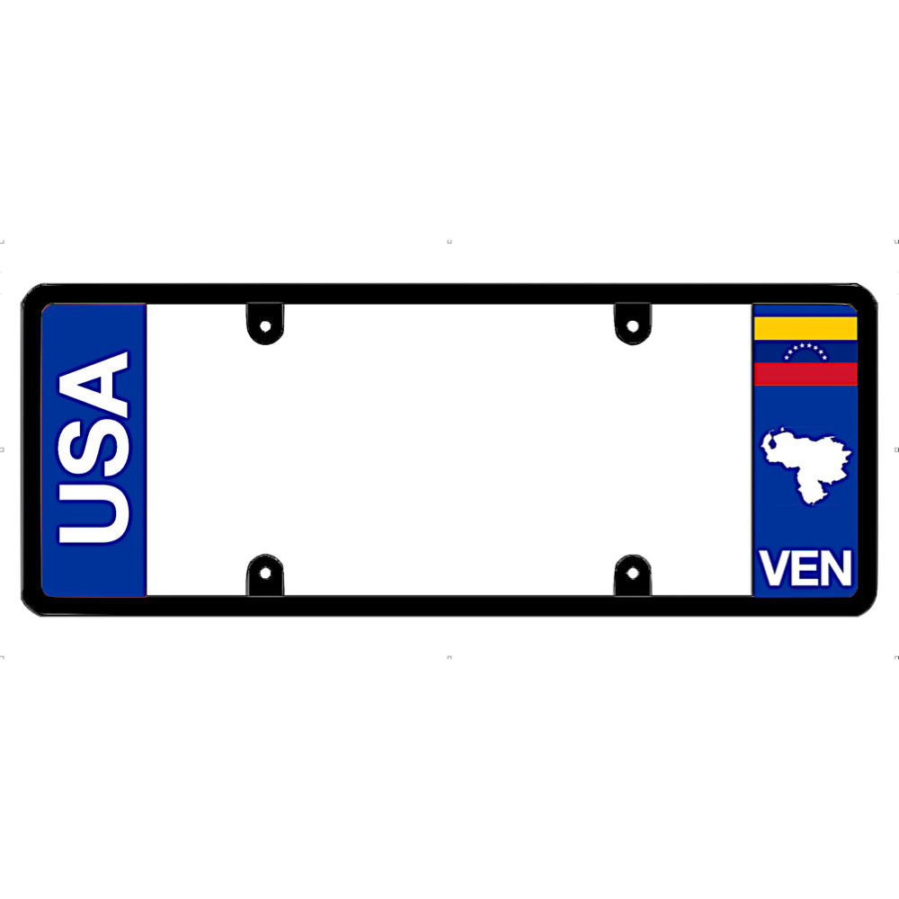 License plate frame with USA and Venezuela flags on a white background
