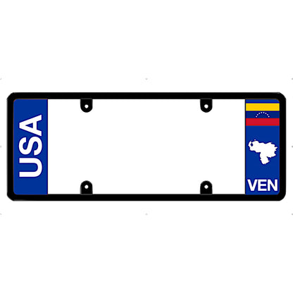 License plate frame with USA and Venezuela flags on a white background