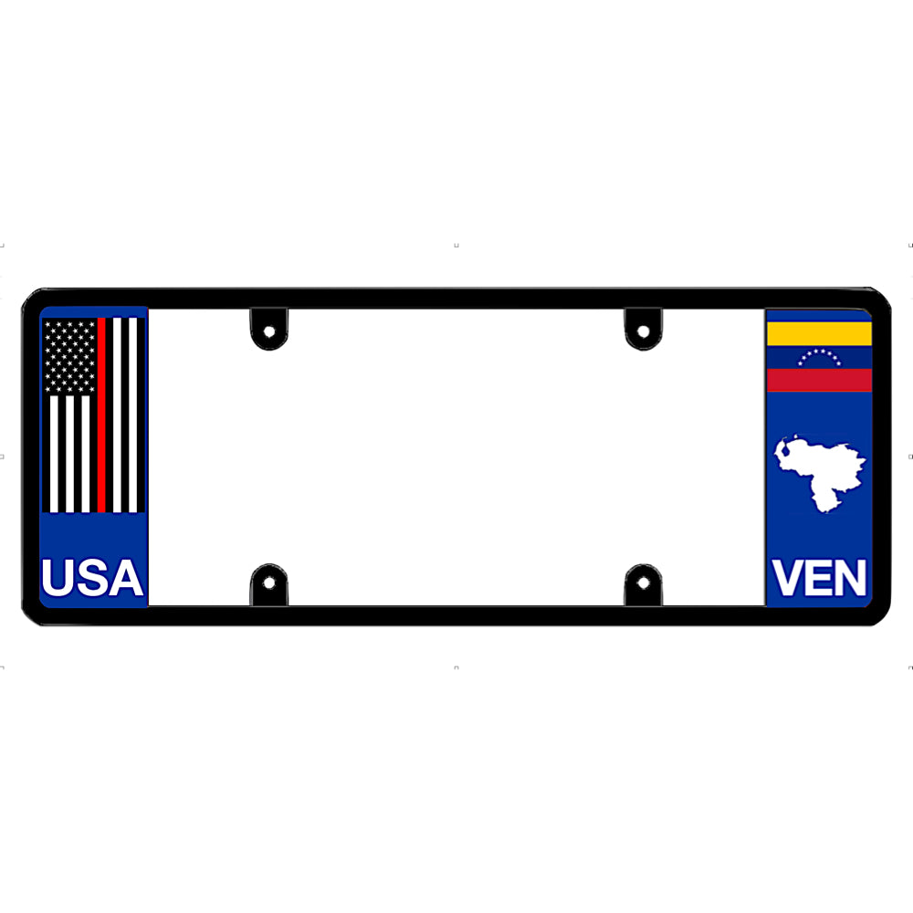 Thin red line license plate frame with USA and Venezuela flags on a white background