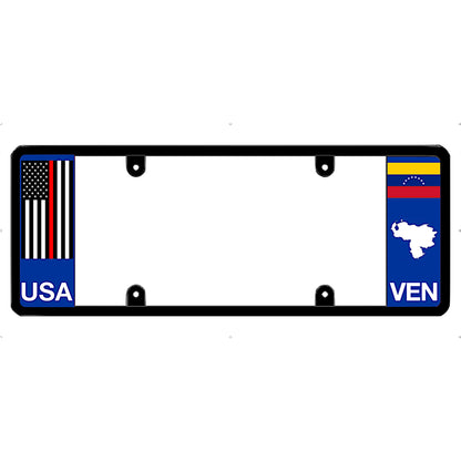 Thin red line license plate frame with USA and Venezuela flags on a white background