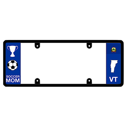 Soccer mom themed black elongated Vermont license plate frame by DFS Brands.
