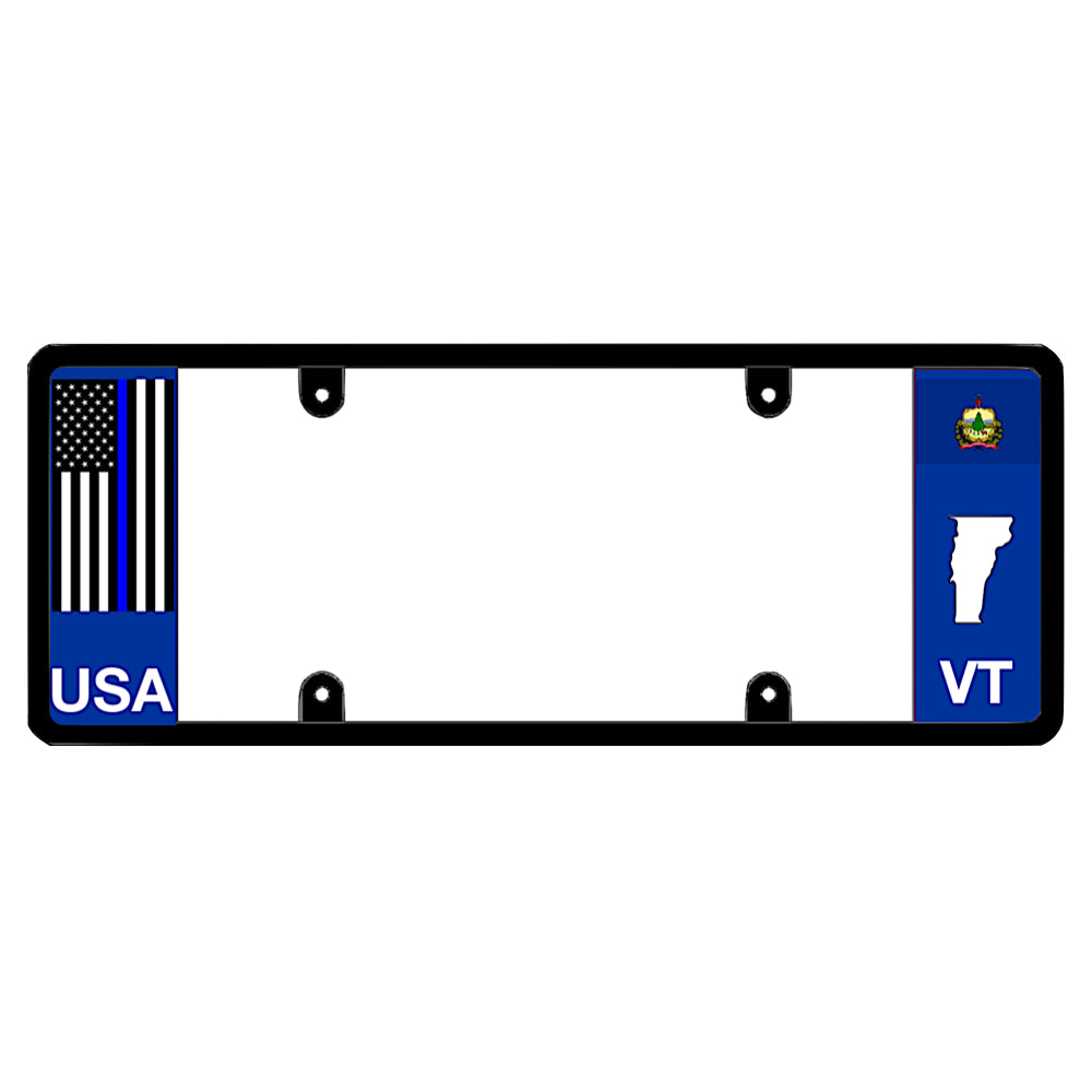 Thin blue line American flag Vermont license plate frame for law enforcement support by DFS Brands.