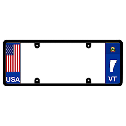A black elongated Vermont license plate frame with a USA flag design by DFS Brands.