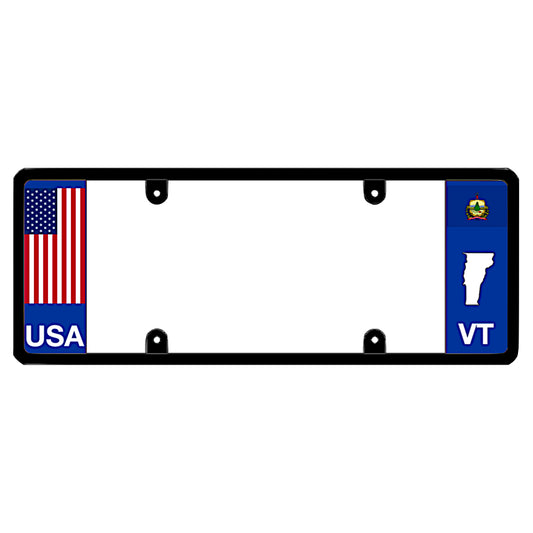 A black elongated Vermont license plate frame with a USA flag design by DFS Brands.