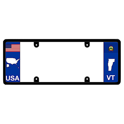 A black elongated Vermont car tag holder with a USA map outline by DFS Brands.