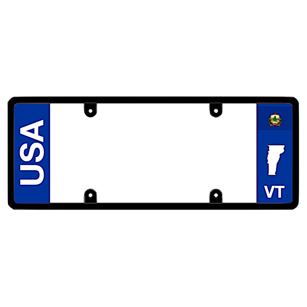 Clean bold USA and VT text panel black elongated Vermont license plate frame by DFS Brands.