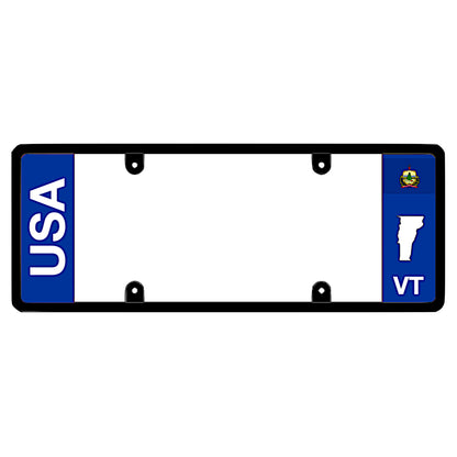 Clean bold USA and VT text panel black elongated Vermont license plate frame by DFS Brands.