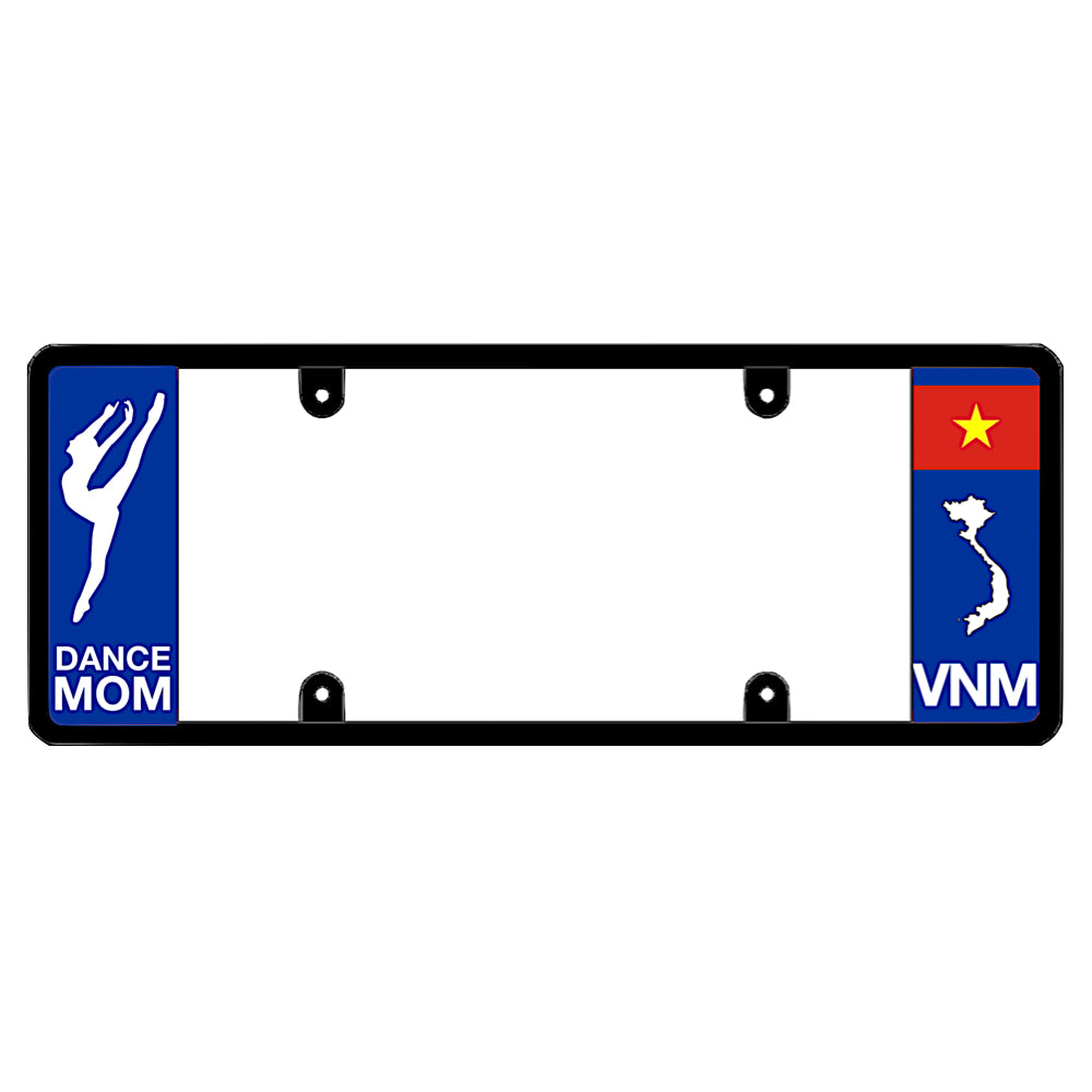 License plate frame with a dance mom graphic on the left and a Vietnam flag on the right by DFS Brands.