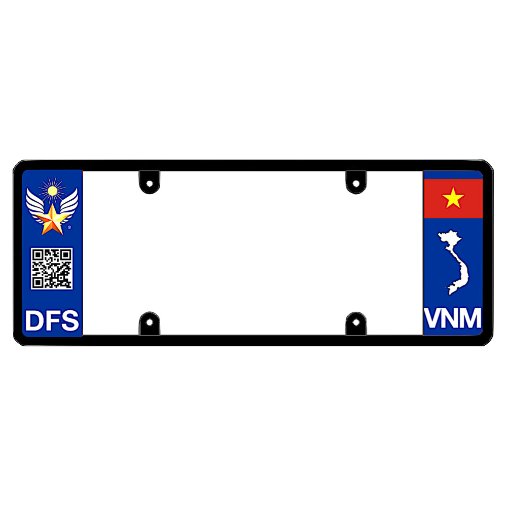 License plate frame with a scan QR code panel on the left and a Vietnam flag on the right by DFS Brands.