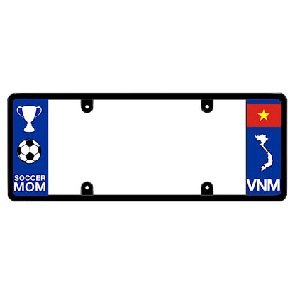 License plate frame with a soccer mom graphic on the left and a Vietnam flag on the right by DFS Brands.