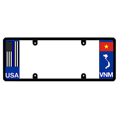 License plate frame with a thin blue line flag on the left and a Vietnam flag on the right by DFS Brands.