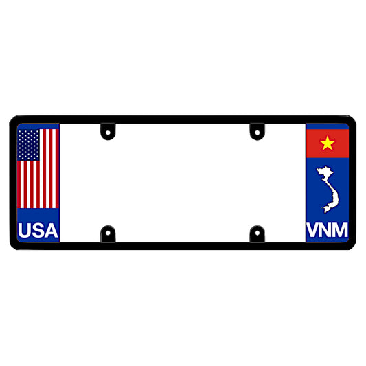 Vietnamese patented license plate frame holder with a design that includes the American flag on one side and a Vietnamese flag on the other, with 'USA' and 'VNM' text respectively.