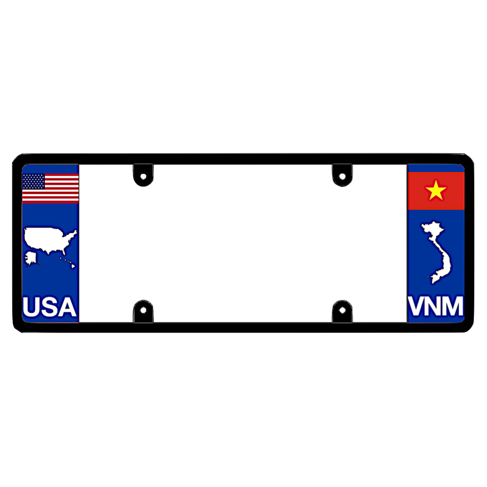 License plate frame with a USA map graphic on the left and a Vietnam flag on the right by DFS Brands.