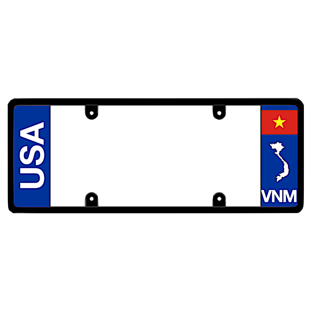 License plate frame with bold vertical USA text on the left and a Vietnam flag on the right by DFS Brands.