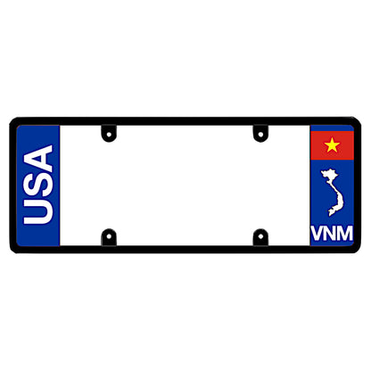 License plate frame with bold vertical USA text on the left and a Vietnam flag on the right by DFS Brands.