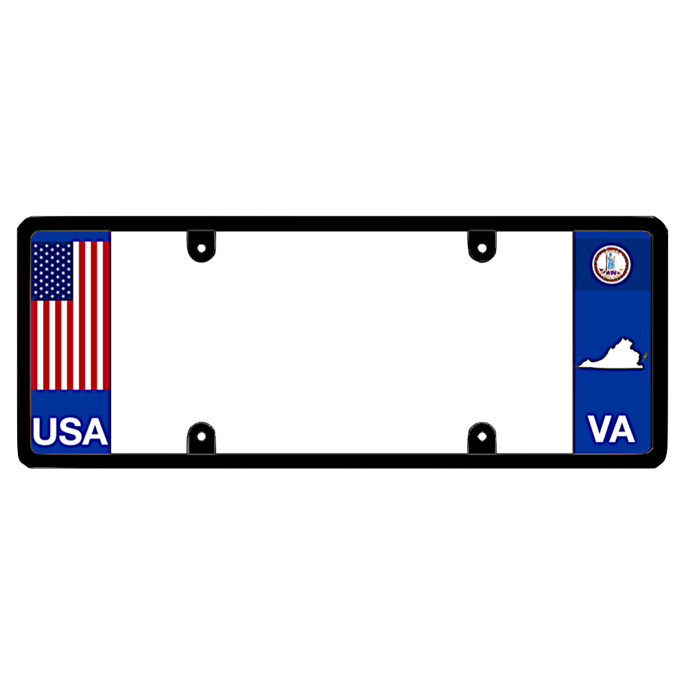 Virginia license plate frame USA flag holder by DFS, the official license frame of America. Drive your identity with a patriotic vehicle tag featuring a classic red, white, and blue United States flag alongside a blue VA state seal map panel.
