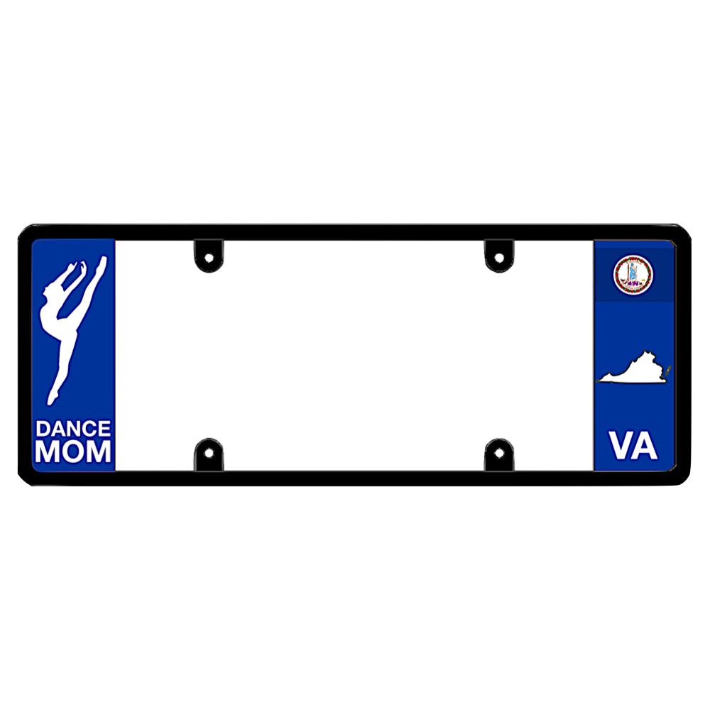 Virginia license plate frame dance mom cover by DFS, the official license frame of America. Drive your identity with car exterior accessories featuring a custom blue panel with a white dancer silhouette graphic and VA state seal map design.