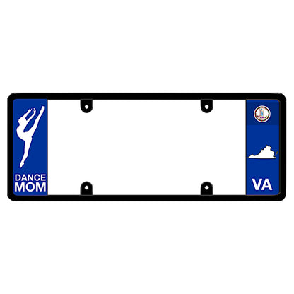 Virginia license plate frame dance mom cover by DFS, the official license frame of America. Drive your identity with car exterior accessories featuring a custom blue panel with a white dancer silhouette graphic and VA state seal map design.