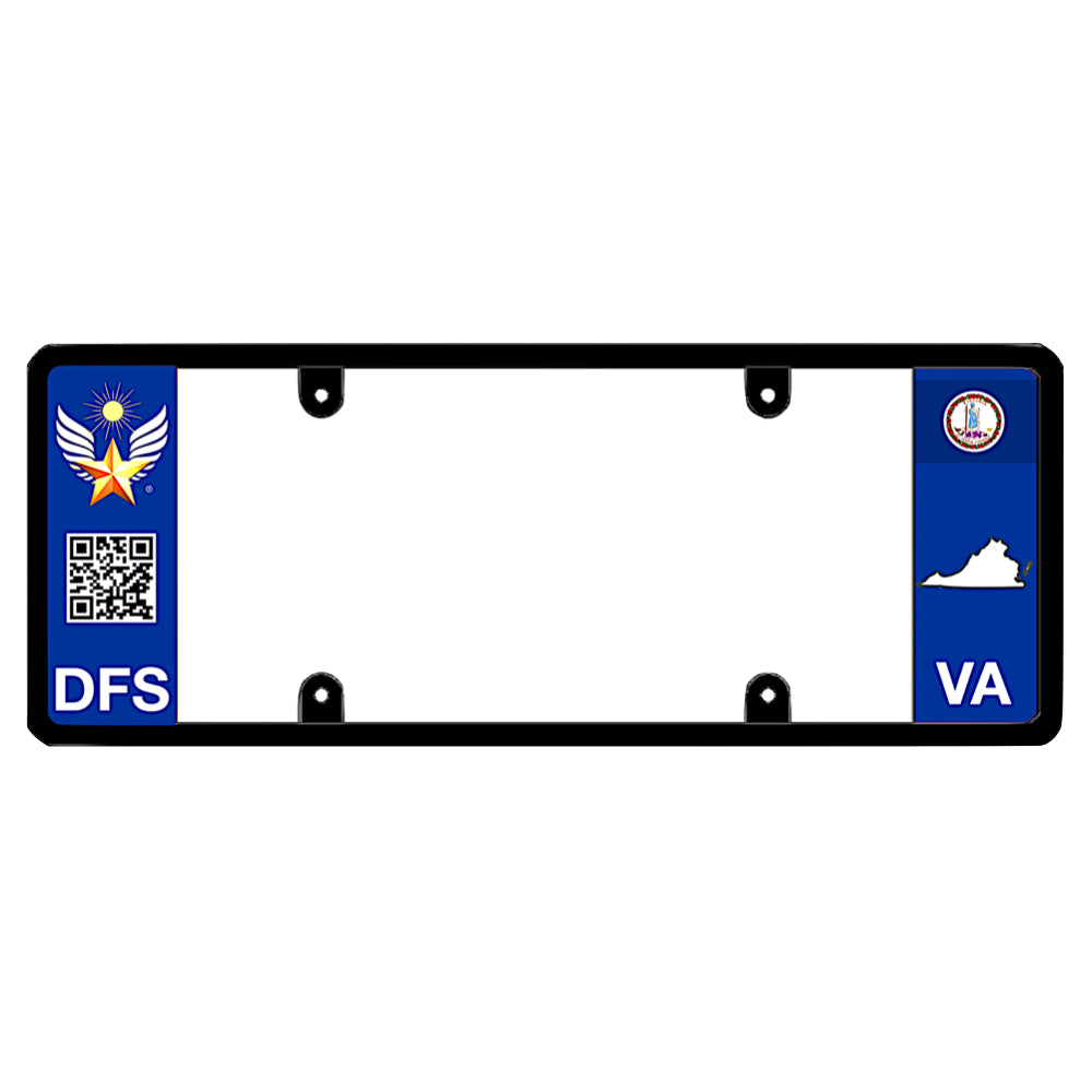 Virginia official license plate frame custom mount by DFS, the official license frame of America. Drive your identity with this vehicle trim featuring DFS crest, scannable QR code design, and VA state seal map graphic.