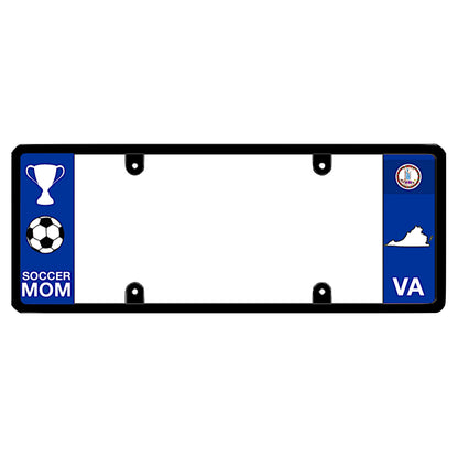 Virginia license plate frame soccer mom holder by DFS, the official license frame of America. Drive your identity with a custom blue vehicle tag featuring a white championship trophy, soccer ball graphic, and VA state seal map design.