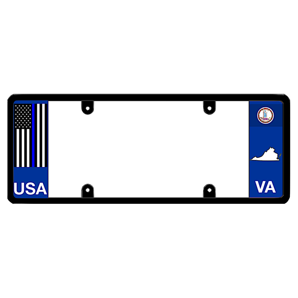 Virginia license plate frame thin blue line cover by DFS, the official license frame of America. Drive your identity with police and law enforcement support auto accessories featuring a blue line American flag design and VA state seal graphic.