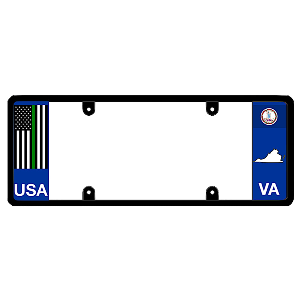 Virginia license plate frame thin green line mount by DFS, the official license frame of America. Drive your identity with military and federal agent support auto gear featuring a tactical green line flag decal and VA state seal styling.