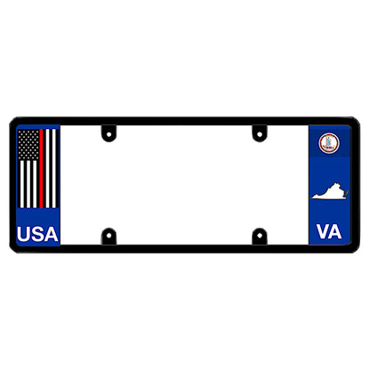 Virginia license plate frame thin red line American flag cover by DFS, the official license frame of America. Drive your identity with firefighter support auto accessories featuring a patriotic USA flag decal and VA state seal map styling.