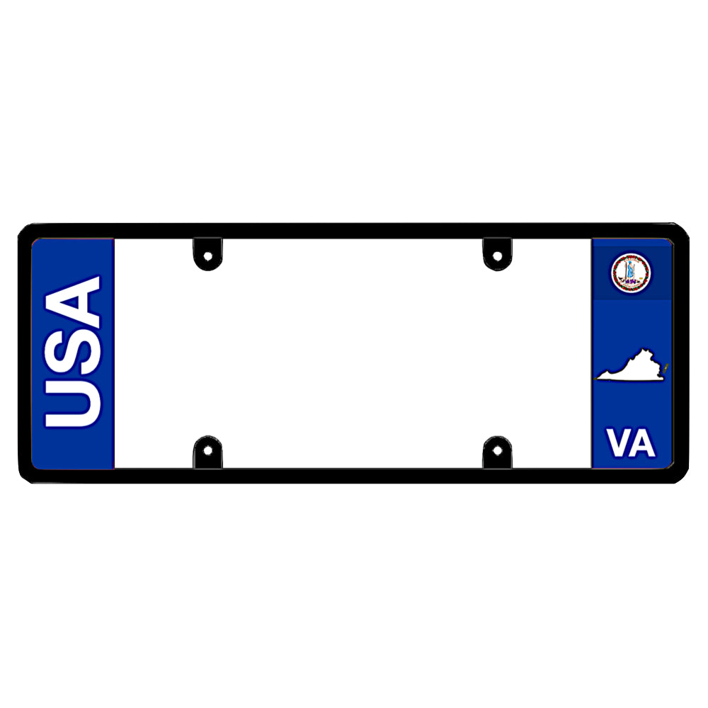 Virginia license plate frame USA text holder by DFS, the official license frame of America. Drive your identity with this clean dual-identity automotive accessory featuring bold USA lettering alongside a blue VA state seal and map graphic.