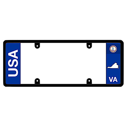 Virginia license plate frame USA text holder by DFS, the official license frame of America. Drive your identity with this clean dual-identity automotive accessory featuring bold USA lettering alongside a blue VA state seal and map graphic.