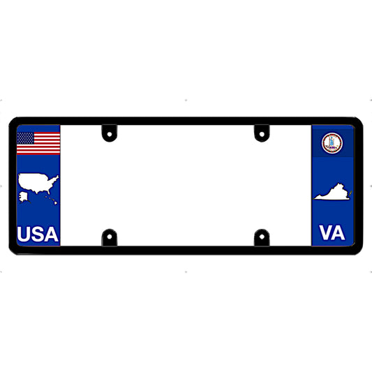 VA license plate frame with USA and Virginia state American flag, and state map 