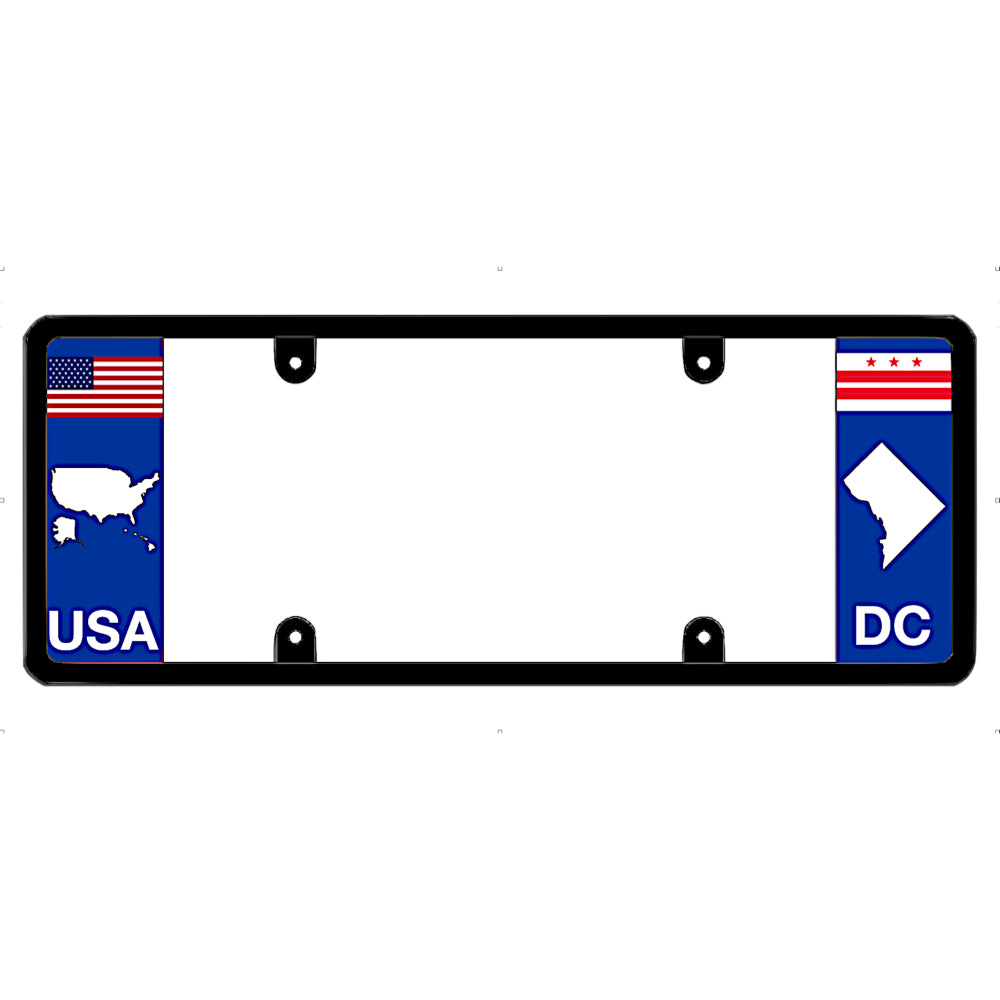 Washington DC license plate frame featuring a horizontal USA flag and United States map graphic by DFS, the official license frame of America. Drive your identity with an anti-rust car registration border displaying a custom DC district map cutout graphic.