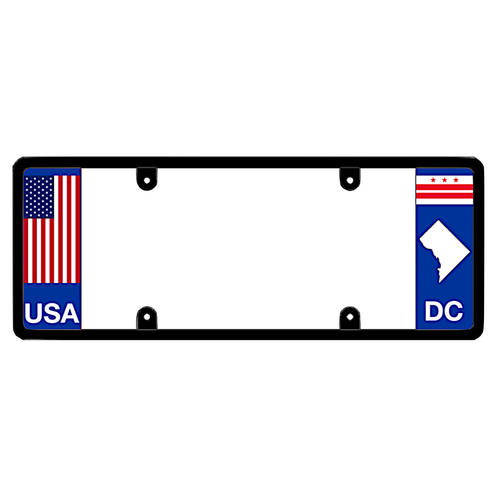 Washington DC license plate frame USA flag holder by DFS, the official license frame of America. Drive your identity with an all-weather auto tag frame showing a vertical red white and blue old glory design beside a custom DC flag three stars graphic.