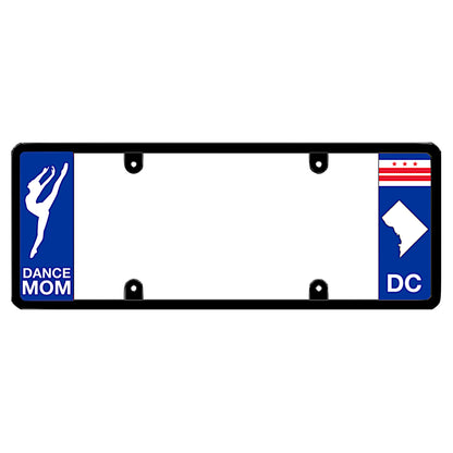 Washington DC license plate frame dance mom cover by DFS, the official license frame of America. Drive your identity using a premium automotive accessory detailed with an elegant white ballet dancer silhouette graphic against a local DC three-star background panel.