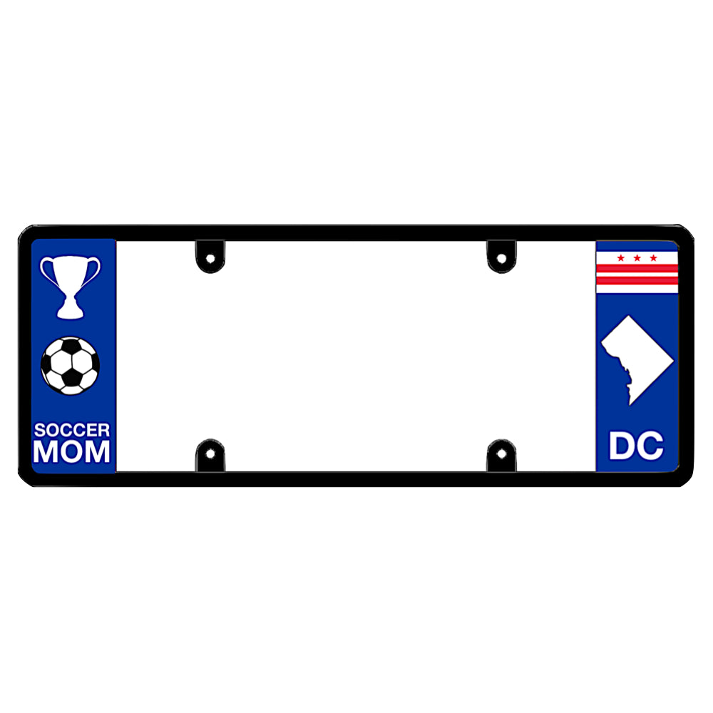 Washington DC license plate frame soccer mom wrap by DFS, the official license frame of America. Drive your identity with sports family SUV and minivan exterior gear displaying a white championship trophy, soccer ball design, and DC district flag layout.