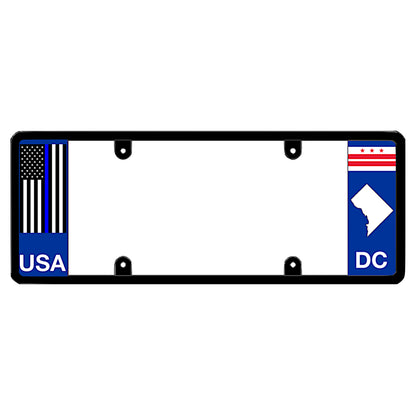 Washington DC license plate frame thin blue line auto rim by DFS, the official license frame of America. Drive your identity with a police officer tribute license plate housing featuring a tactical blue line flag print and Metropolitan Police DC emblem styling.